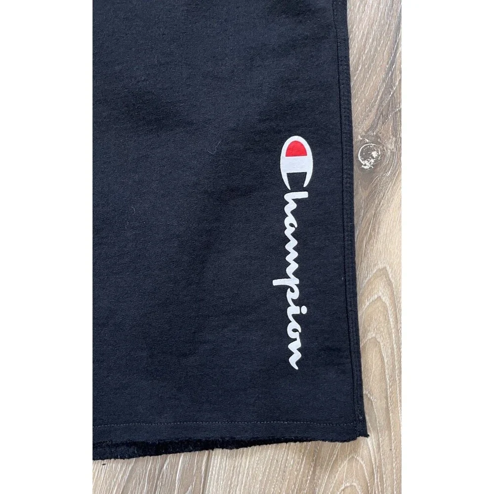 Champion Men’s Fleece Shorts Sz L Black Vertical Script Logo Drawstring Athletic